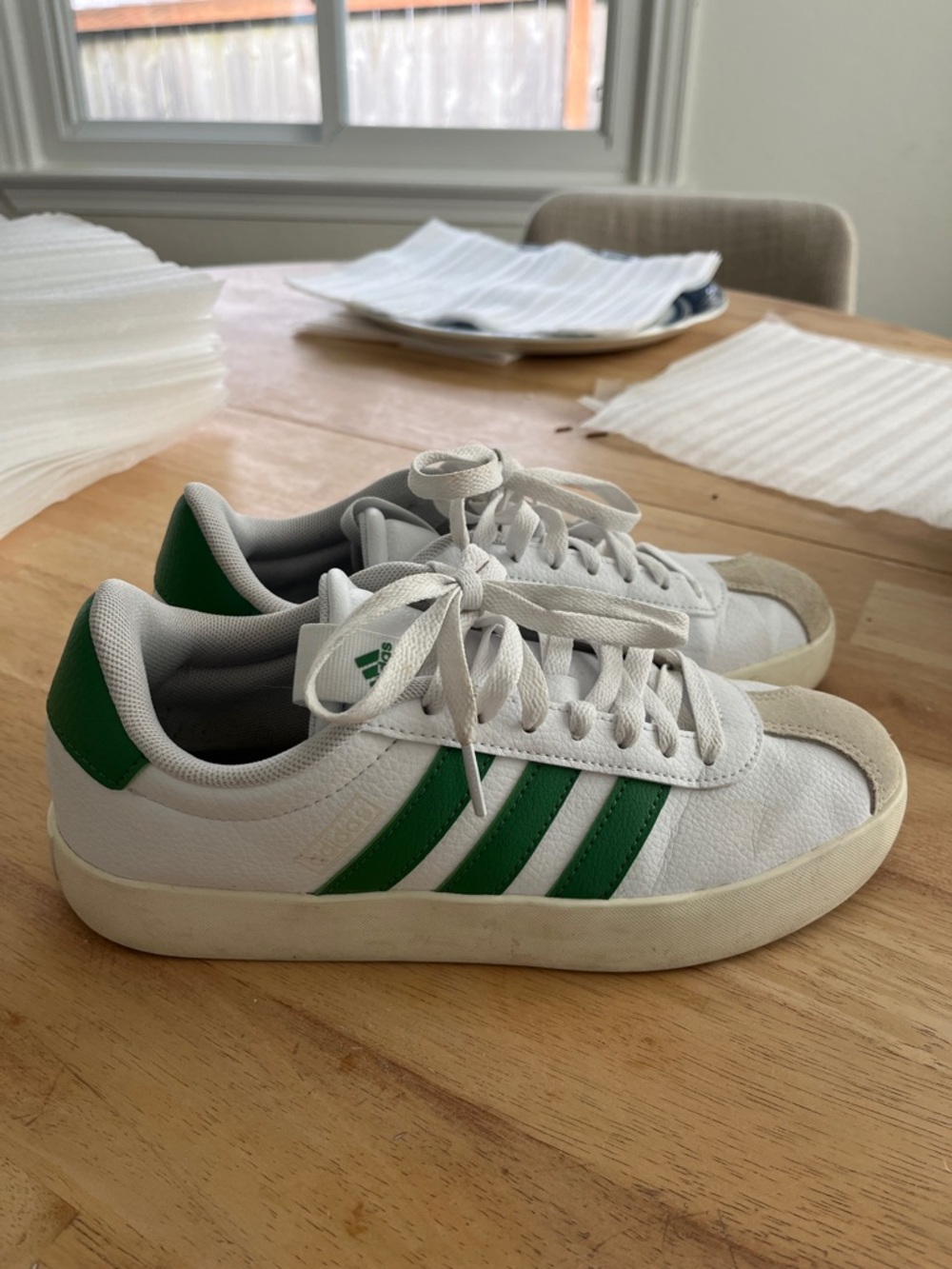 adidas White Sneakers with Green Three Stripes